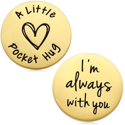 2-Sided Pocket Hug Gifts - I'm Always with You Stainless Steel Coin with PU Leather Keychain, I Love You Long Distance Gift for Her Him, Anniversary Birthday Gifts for Husband Boyfriend, Gold