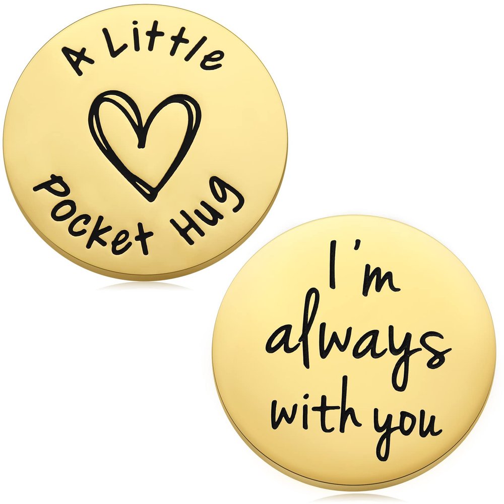 2-Sided Pocket Hug Gifts - I'm Always with You Stainless Steel Coin with PU Leather Keychain, I Love You Long Distance Gift for Her Him, Anniversary Birthday Gifts for Husband Boyfriend, Gold
