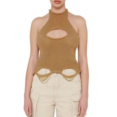 Women Y2K Hollow Out Top Crochet Knit Pullover Sleeveless Summer Tees Blouses Ribbed Loose Fitted Tank Top Distressed (as1, Alpha, x_l, Regular, Regular, Camel)