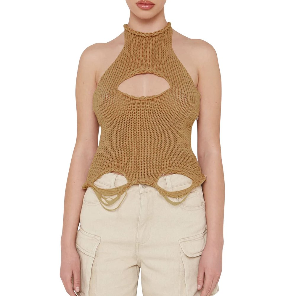 Women Y2K Hollow Out Top Crochet Knit Pullover Sleeveless Summer Tees Blouses Ribbed Loose Fitted Tank Top Distressed (as1, Alpha, x_l, Regular, Regular, Camel)