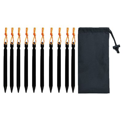 10-Pack Aluminum Tent Stakes Pegs, Heavy Duty Camping Stakes with Reflective Pull Ropes & Storage Bag Camping Accessories for Canopy Tents Hammocks (Black)