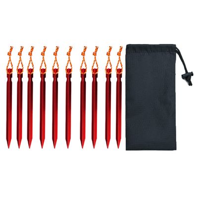 10-Pack Aluminum Tent Stakes Pegs, Heavy Duty Camping Stakes with Reflective Pull Ropes & Storage Bag Camping Accessories for Canopy Tents Hammocks (Red)