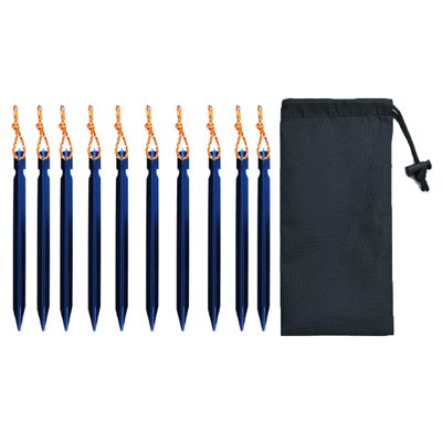 10-Pack Aluminum Tent Stakes Pegs, Heavy Duty Camping Stakes with Reflective Pull Ropes & Storage Bag Camping Accessories for Canopy Tents Hammocks (Blue)