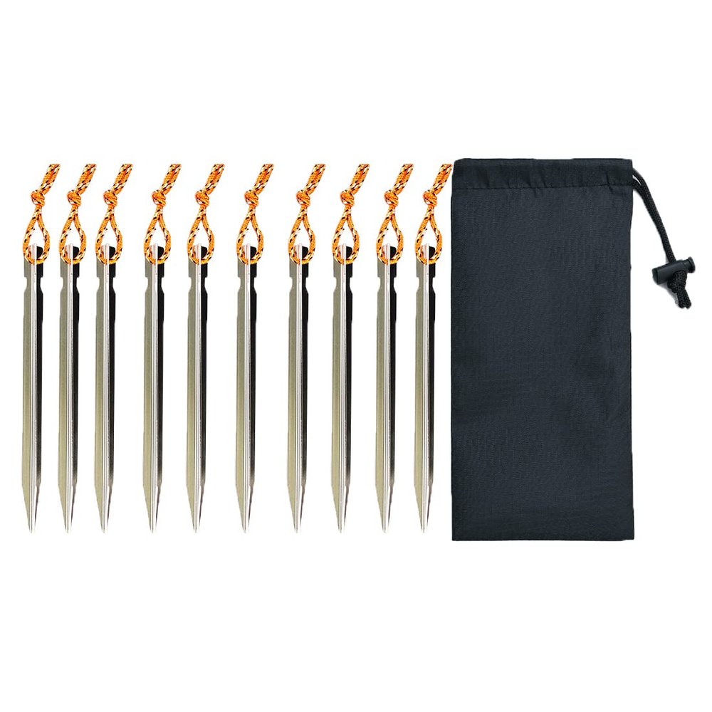 10-Pack Aluminum Tent Stakes Pegs, Heavy Duty Camping Stakes with Reflective Pull Ropes & Storage Bag Camping Accessories for Canopy Tents Hammocks (Silver)