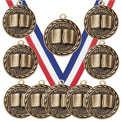 50 Pack of Readers are Leaders Reading Gold Medals Trophy Award with Neck Ribbons MA