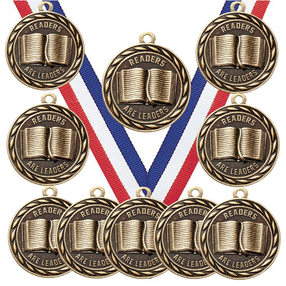 50 Pack of Readers are Leaders Reading Gold Medals Trophy Award with Neck Ribbons MA