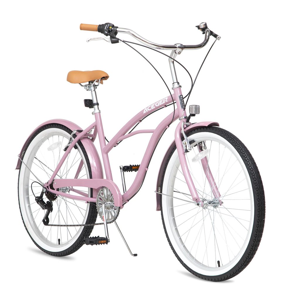 ACEGER 24 26 Inch Women Beach Cruiser Bike, Single Speed and 7 Speed, Adult Hybrid Bike Commuter Bicycle, Hi-Ten Steel Frame with Adjustable Handlebar and Saddle, Multiple Colors