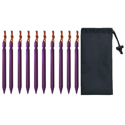 10-Pack Aluminum Tent Stakes Pegs, Heavy Duty Camping Stakes with Reflective Pull Ropes & Storage Bag Camping Accessories for Canopy Tents Hammocks (Purple)
