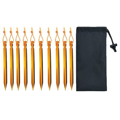 10-Pack Aluminum Tent Stakes Pegs, Heavy Duty Camping Stakes with Reflective Pull Ropes & Storage Bag Camping Accessories for Canopy Tents Hammocks (Gold)
