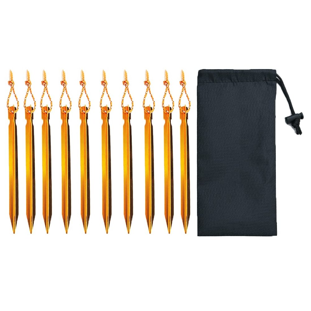 10-Pack Aluminum Tent Stakes Pegs, Heavy Duty Camping Stakes with Reflective Pull Ropes & Storage Bag Camping Accessories for Canopy Tents Hammocks (Gold)