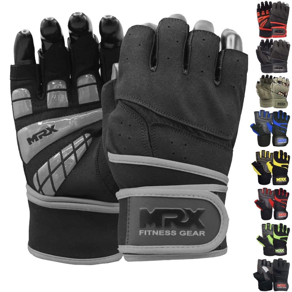 MRX BOXING & FITNESS Workout Gloves Mens Wrist Support Lifting Male Gym | Accessories for Men Weight Fingerless Exercise Powerlifting, Black Grey 2627, XXL (2627-GRY-XXL)