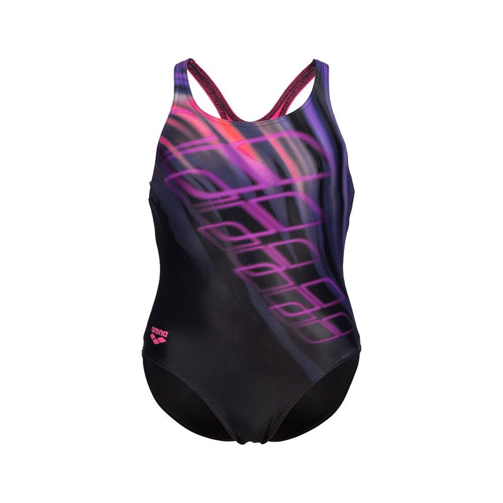 ARENA Feel Girls' Shading Front-Lined Swim Pro Back Swimsuit Waterfeel Comfortable One Piece Suit Pool or Beach, US Size 5Y/22, Black/Freak Rose