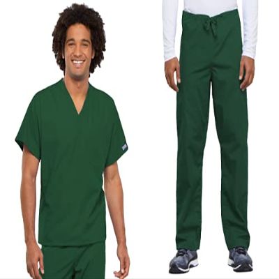 Cherokee Scrub Set for Men and Women from, Traditional Fit V-Neck Top 4777 with Natural Rise Drawstring Cargo Pant 4100, Hunter Green- L Top/XL Short Pant