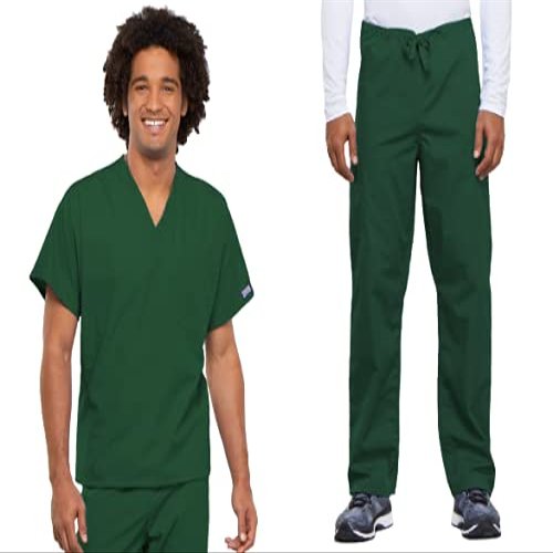 Cherokee Scrub Set for Men and Women from, Traditional Fit V-Neck Top 4777 with Natural Rise Drawstring Cargo Pant 4100, Hunter Green- L Top/XL Short Pant