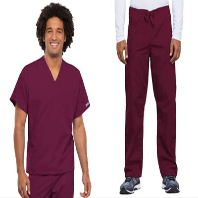 Cherokee Scrub Set for Men and Women from, Traditional Fit V-Neck Top 4777 with Natural Rise Drawstring Cargo Pant 4100, Wine- XL Top/XL Short Pant