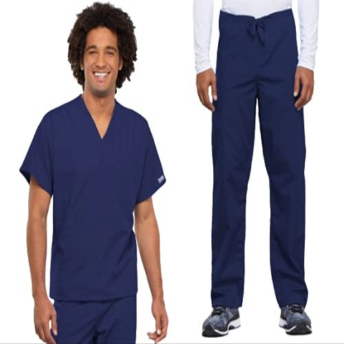 Cherokee Scrub Set for Men and Women from, Traditional Fit V-Neck Top 4777 with Natural Rise Drawstring Cargo Pant 4100, Navy- S Top/S Pant