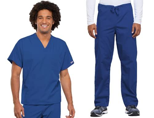 Cherokee Scrub Set for Men and Women from, Traditional Fit V-Neck Top 4777 with Natural Rise Drawstring Cargo Pant 4100, Royal- S Top/M Pant