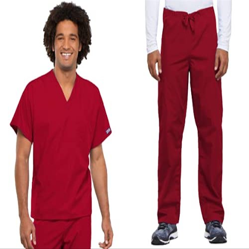 Cherokee Scrub Set for Men and Women from, Traditional Fit V-Neck Top 4777 with Natural Rise Drawstring Cargo Pant 4100, Red- S Top/S Pant