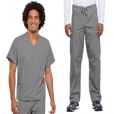 Cherokee Scrub Set for Men and Women from, Traditional Fit V-Neck Top 4777 with Natural Rise Drawstring Cargo Pant 4100, Grey- M Top/M Pant