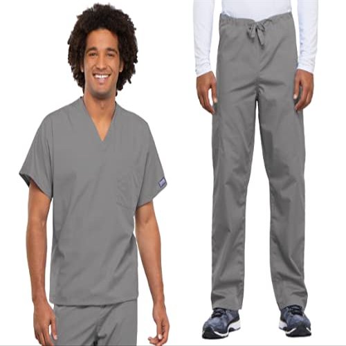 Cherokee Scrub Set for Men and Women from, Traditional Fit V-Neck Top 4777 with Natural Rise Drawstring Cargo Pant 4100, Grey- M Top/M Pant