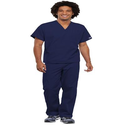 Cherokee Scrub Set for Men and Women from, Traditional Fit V-Neck Top 4777 with Natural Rise Drawstring Cargo Pant 4100, Navy- L Top/XL Short Pant