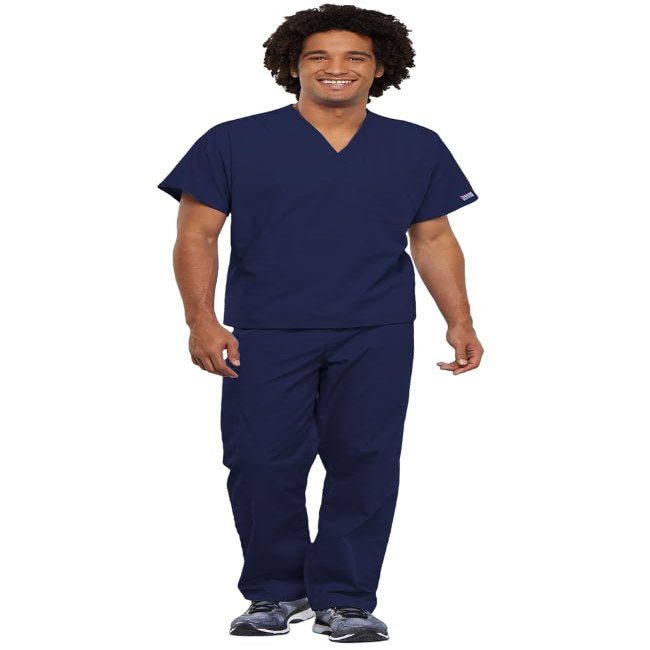 Cherokee Scrub Set for Men and Women from, Traditional Fit V-Neck Top 4777 with Natural Rise Drawstring Cargo Pant 4100, Navy- L Top/XL Short Pant