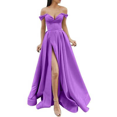 Women's Off Shoulder High Split Long Formal Party Dress Evening Gown Sleeveless Sexy Cocktail Maxi Long Dress Purple