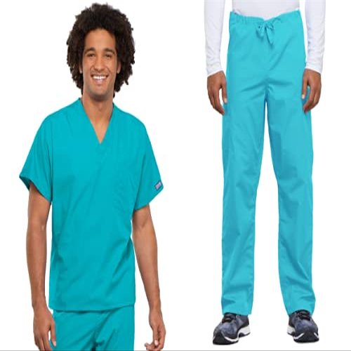 Cherokee Scrub Set for Men and Women from, Traditional Fit V-Neck Top 4777 with Natural Rise Drawstring Cargo Pant 4100, Turquoise- S Top/S Pant