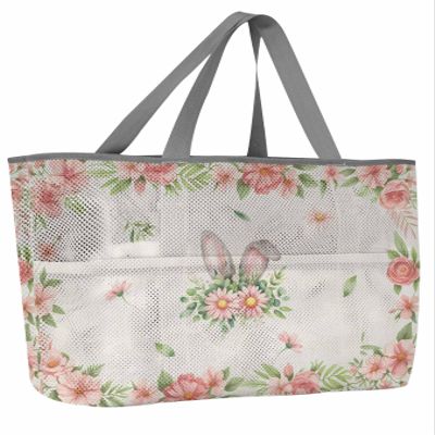 Easter Beach Tote Bag for Women, Bunny Ears Pink Spring Floral Botanical Rustic Burlap Mesh Beach Bags Waterproof Sandproof, Outdoor Picnic Swim Pool Handbag - Large Beach Bag with Zipper and Pockets