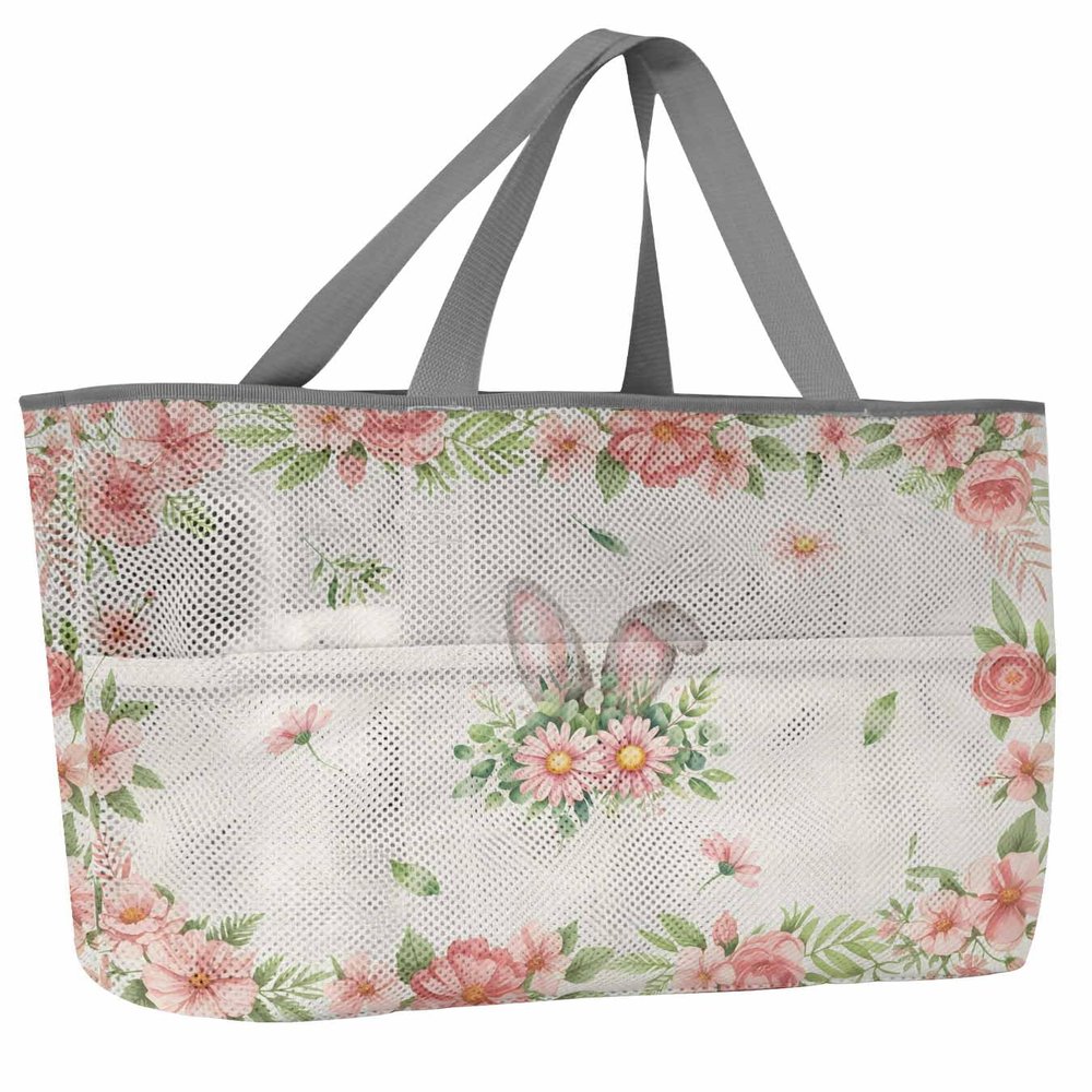 Easter Beach Tote Bag for Women, Bunny Ears Pink Spring Floral Botanical Rustic Burlap Mesh Beach Bags Waterproof Sandproof, Outdoor Picnic Swim Pool Handbag - Large Beach Bag with Zipper and Pockets