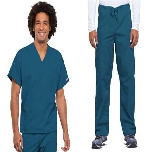 Cherokee Scrub Set for Men and Women from, Traditional Fit V-Neck Top 4777 with Natural Rise Drawstring Cargo Pant 4100, Caribbean Blue- M Top/S Pant