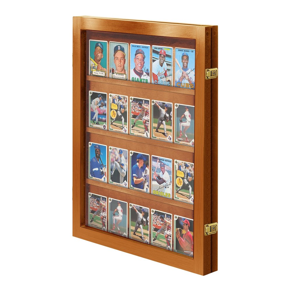 PENNZONI Baseball Card Display Case - Sports Card Display Frame Lockable - 20 Ungraded Cards Case with UV Protection, Card Display for Football - Trading Card Display, Walnut