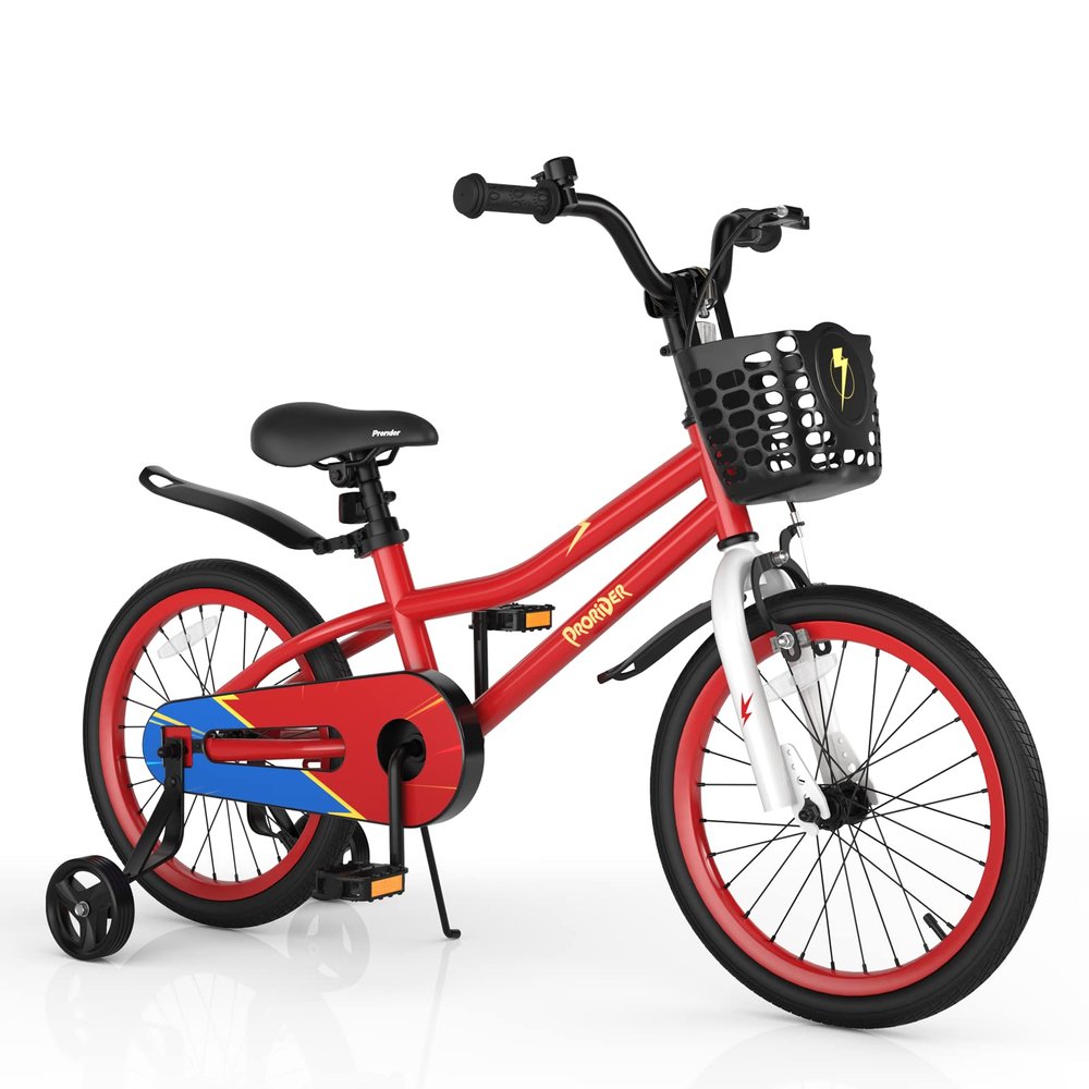 BABY JOY Kids Bike, 18 Inch Children Bikes for Boys Girls Age 4-8 Years w/Training Wheels, Handbrake, Coaster Brake & Removable Basket, Kids Bicycle of Multiple Colors