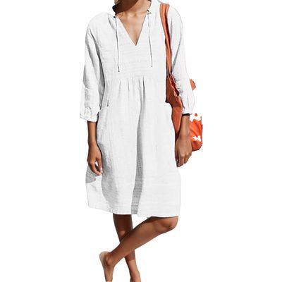 Akivide Women V Neck Cotton Linen Midi Dress Summer Casual Half Sleeve Drawstring Beach Flowy Plus Size Tshirt Tunic Dress with Pocket