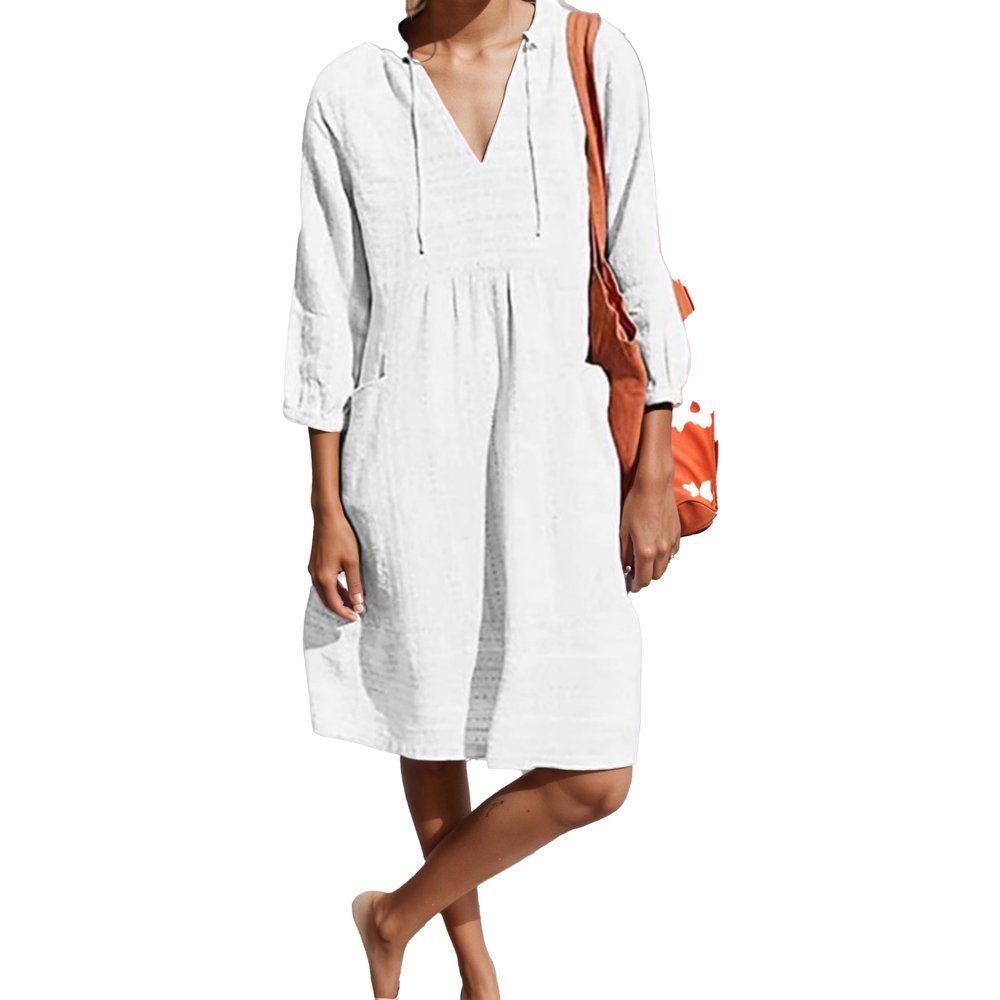 Akivide Women V Neck Cotton Linen Midi Dress Summer Casual Half Sleeve Drawstring Beach Flowy Plus Size Tshirt Tunic Dress with Pocket