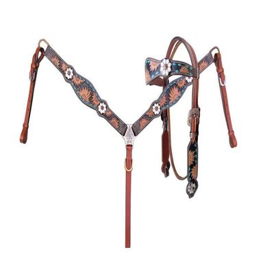 Western Horse Headstall Bridle Breast Collar Reins Tack Set Leather Floral Tooled Handmade Full Cob Pony Breastplate ME-HBC-052 (Full)
