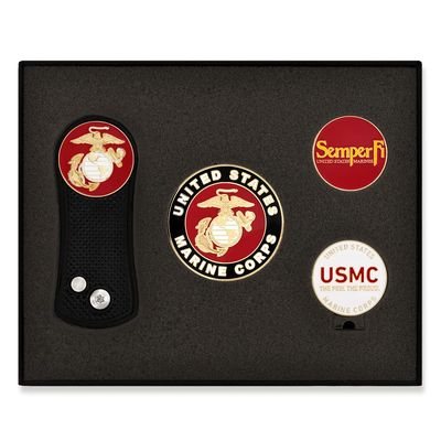 PinMart's Officially Licensed Marine Corps Golf Essentials Gift Set, Divot Tool, Hat Clip, Magnetic Ball Markers, Large Golf Ball Marker with Presentation Box - Gifts and Accessories