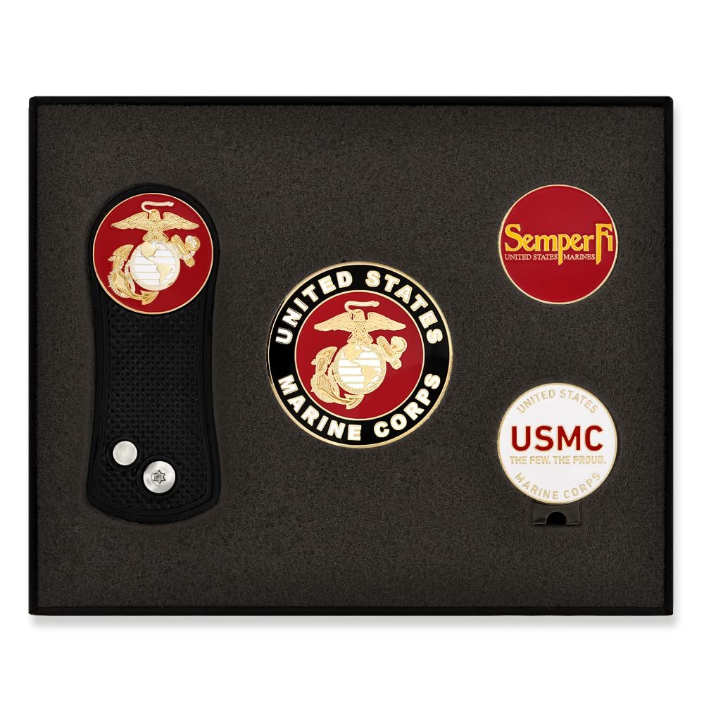 PinMart's Officially Licensed Marine Corps Golf Essentials Gift Set, Divot Tool, Hat Clip, Magnetic Ball Markers, Large Golf Ball Marker with Presentation Box - Gifts and Accessories
