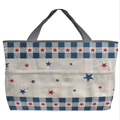4th of July Star Beach Tote Bag for Women, Blue Red Plaid Patriot Independence Day Mesh Beach Bags Waterproof Sandproof, Outdoor Picnic Swim Pool Handbag - Large Beach Bag with Zipper and Pockets