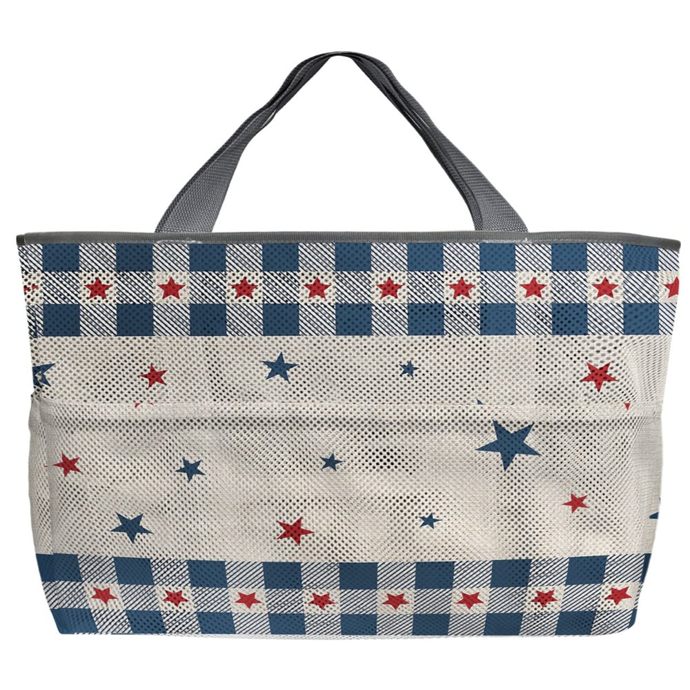 4th of July Star Beach Tote Bag for Women, Blue Red Plaid Patriot Independence Day Mesh Beach Bags Waterproof Sandproof, Outdoor Picnic Swim Pool Handbag - Large Beach Bag with Zipper and Pockets