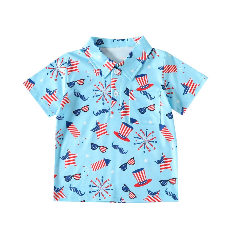 Primary Color Shirt Toddler Boys Girls Short Sleeve Independence Day 4 of July Kids Tops T Shirt with Pocket Pack Set (Light Blue, 3-4 Years)