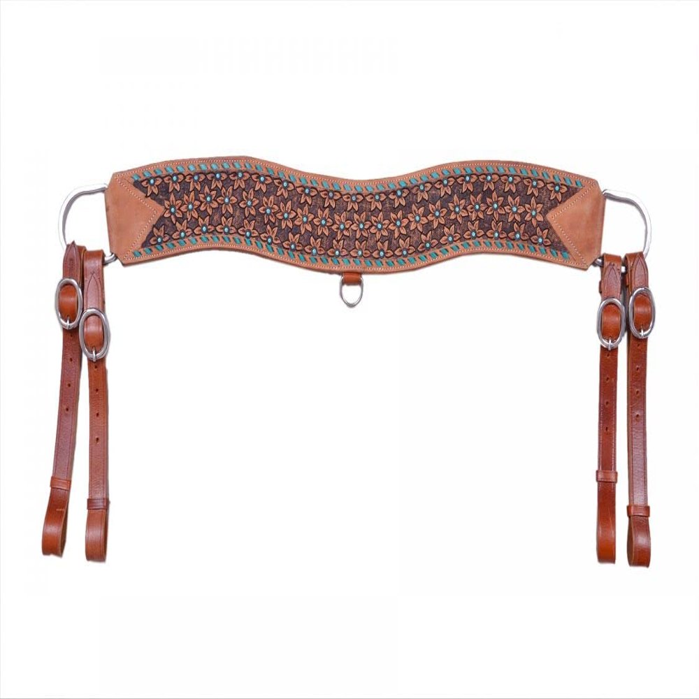 Showman Floral Tooled Leather Tripping Collar w/Teal Beading
