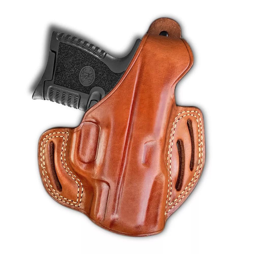 Premium Leather Three Slot Pancake OWB Holster with Thumb Break Fits FNH FN 503 Micro Compact 9mm 3.1" Barrel, Right Hand Draw, Brown Color #1624#