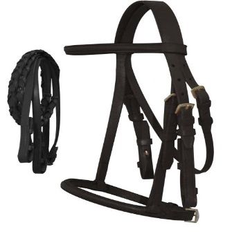 Cobb Size English Headstall w/Raised Browband & Braided Leather Reins