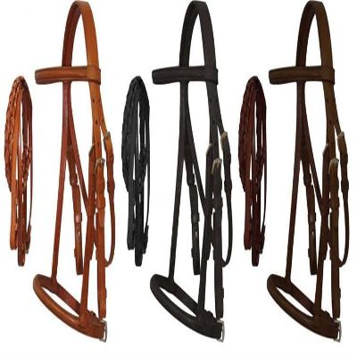 Cobb Size English Headstall w/Raised Browband & Braided Leather Reins