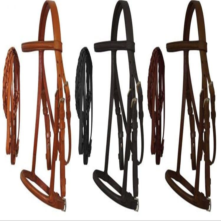 Cobb Size English Headstall w/Raised Browband & Braided Leather Reins