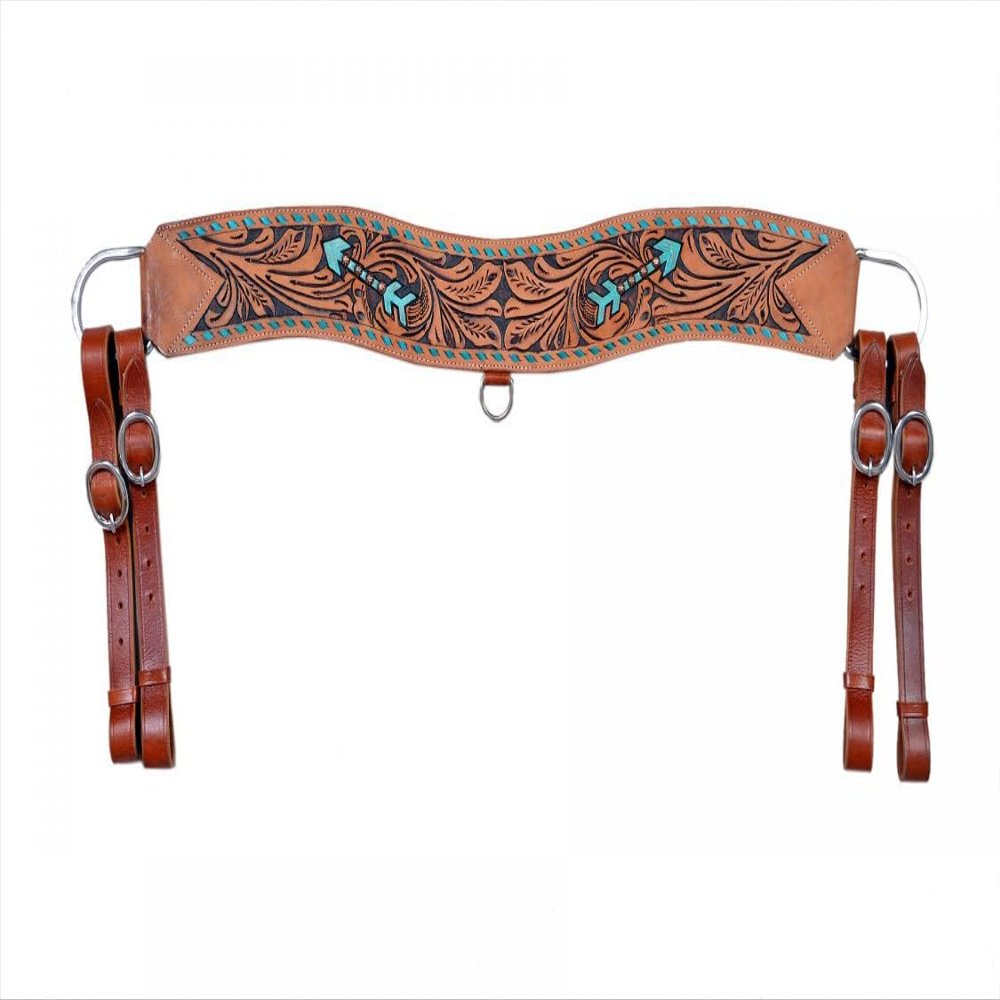 Showman Floral Tooled Leather Tripping Collar w/Teal Buckstitch & Arrow Design