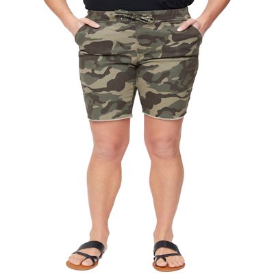 Royalty For Me Women's Petite Elastic Bermuda with Fray Hem, Muted Green Camo, PM