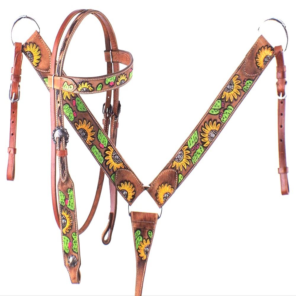 Western Horse Headstall Bridle Breast Collar Reins Tack Set Leather Floral Tooled Handmade Full Cob Pony Breastplate ME-HBC-059 (Full)