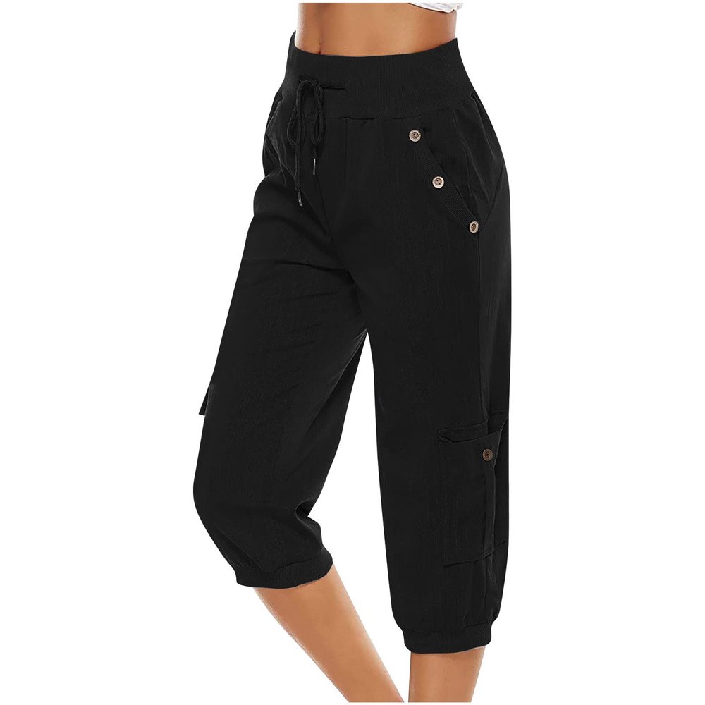 Uillui Women's Cotton Linen Capri Pants Lightweight Loose Fit Cargo Joggers Pants Elastic Waist Hiking Athletic Sweatpants Black